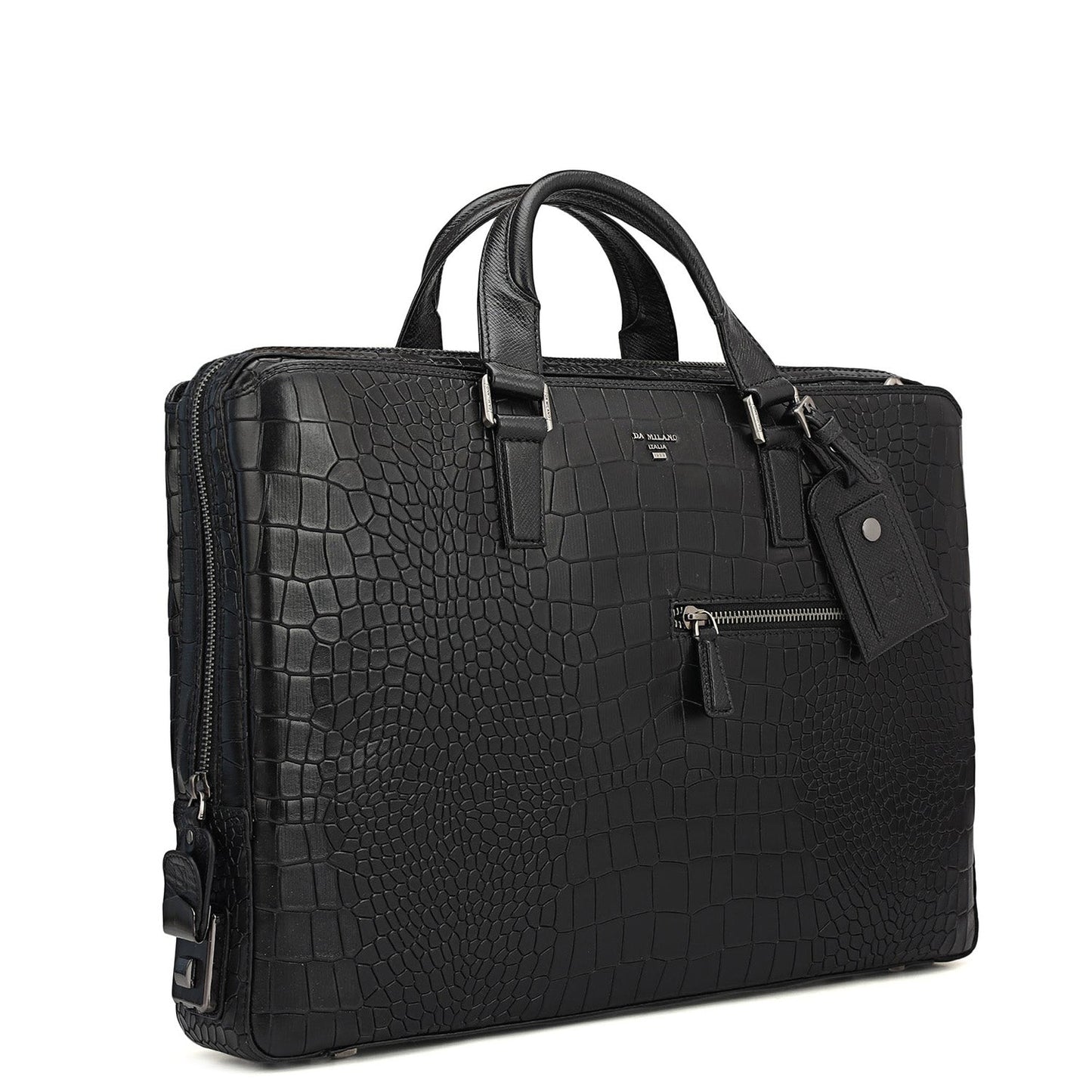 Croco Leather Laptop Bag - Black