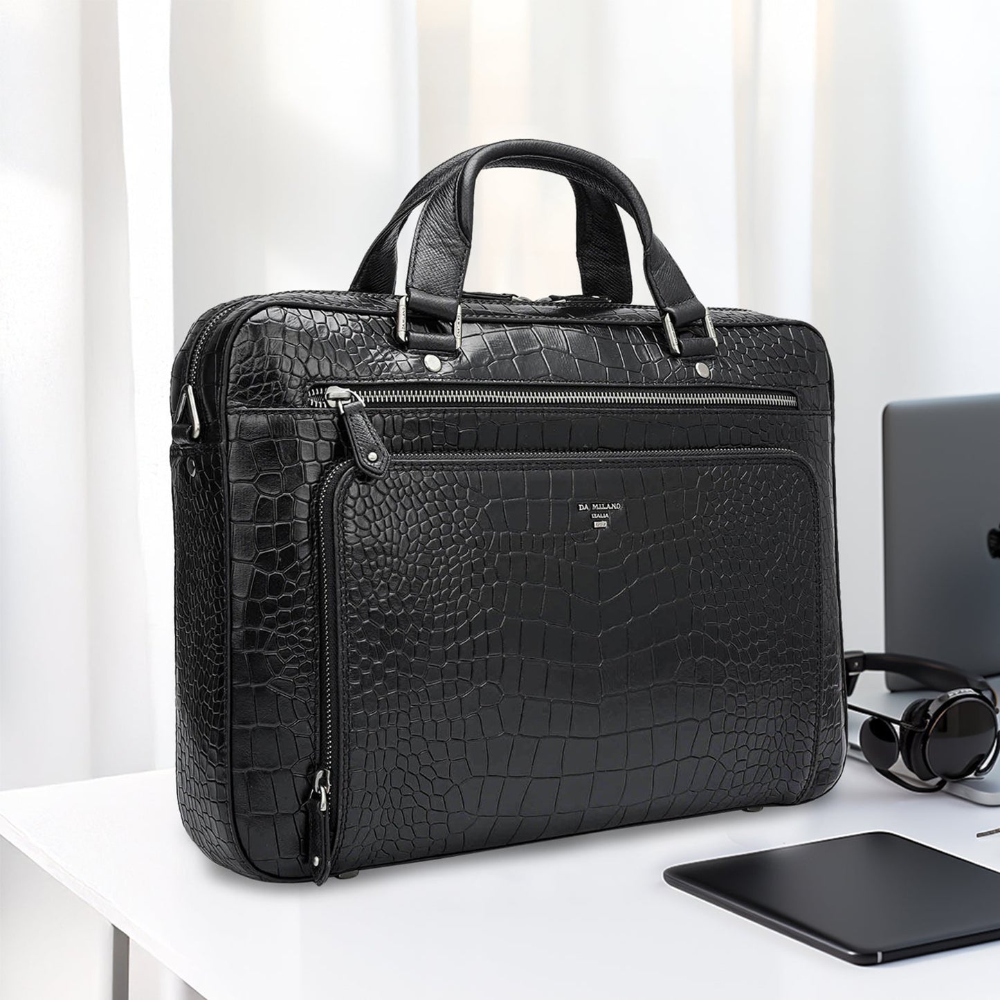 Croco Leather Laptop Bag - Black