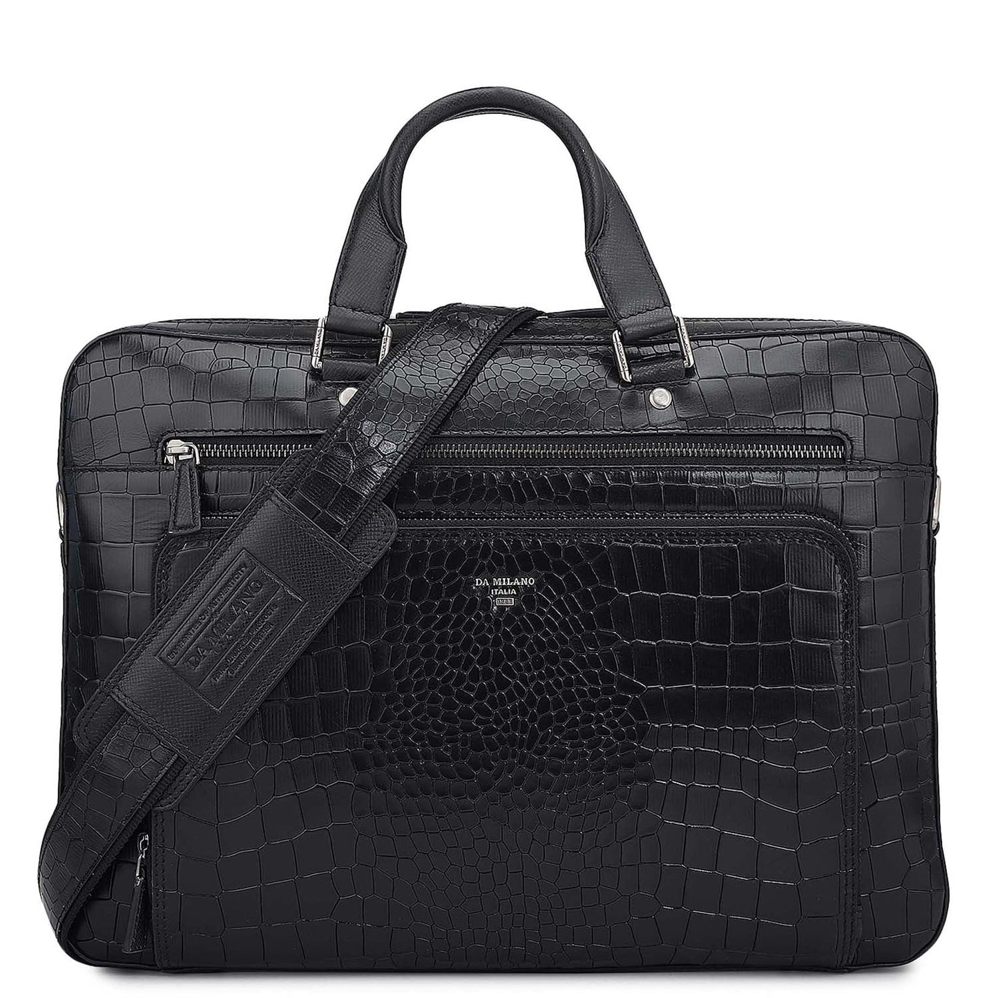 Croco Leather Laptop Bag - Black