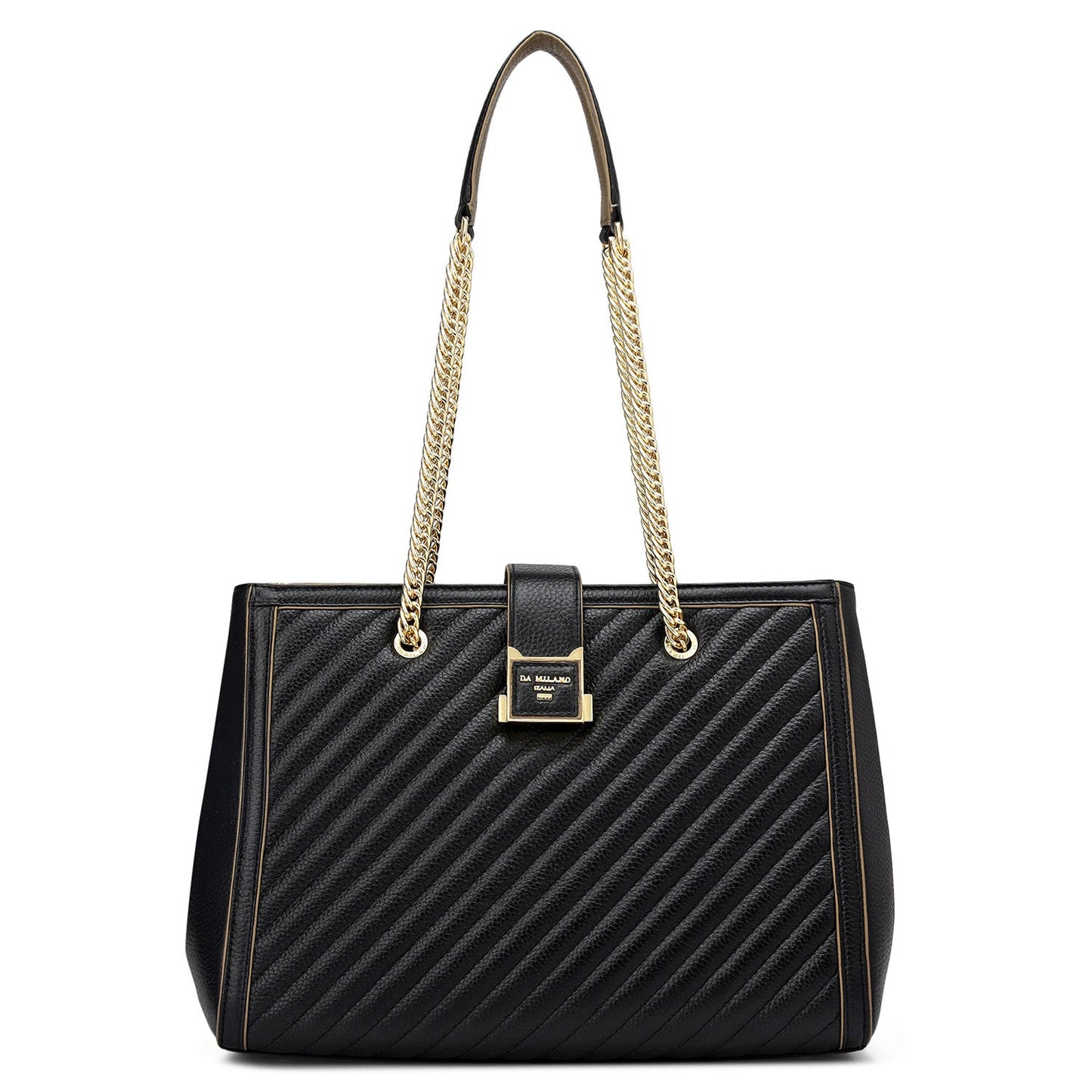 Medium Wax Stripe Leather Shoulder Bag - Black