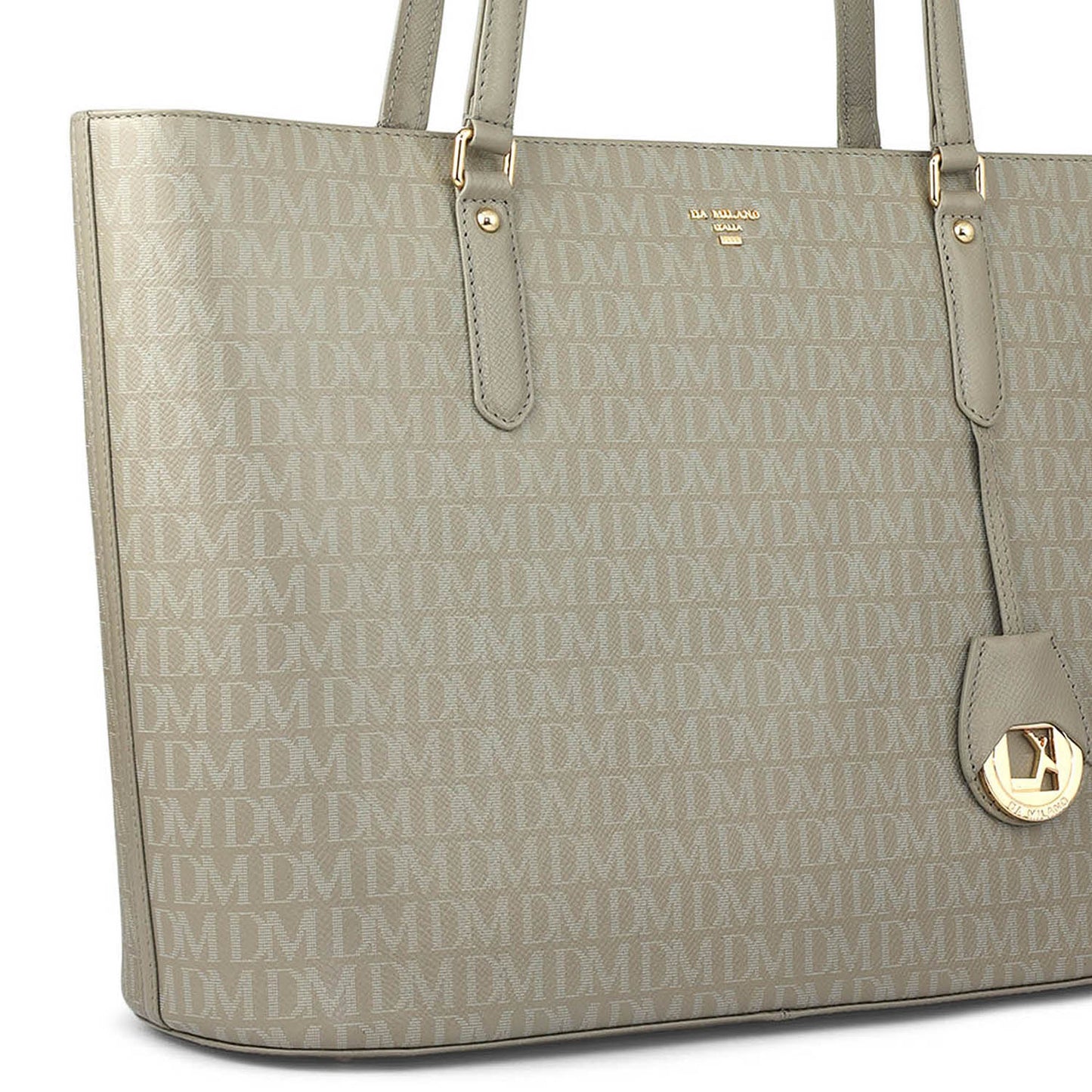 Large Monogram Leather Tote - Stone Grey