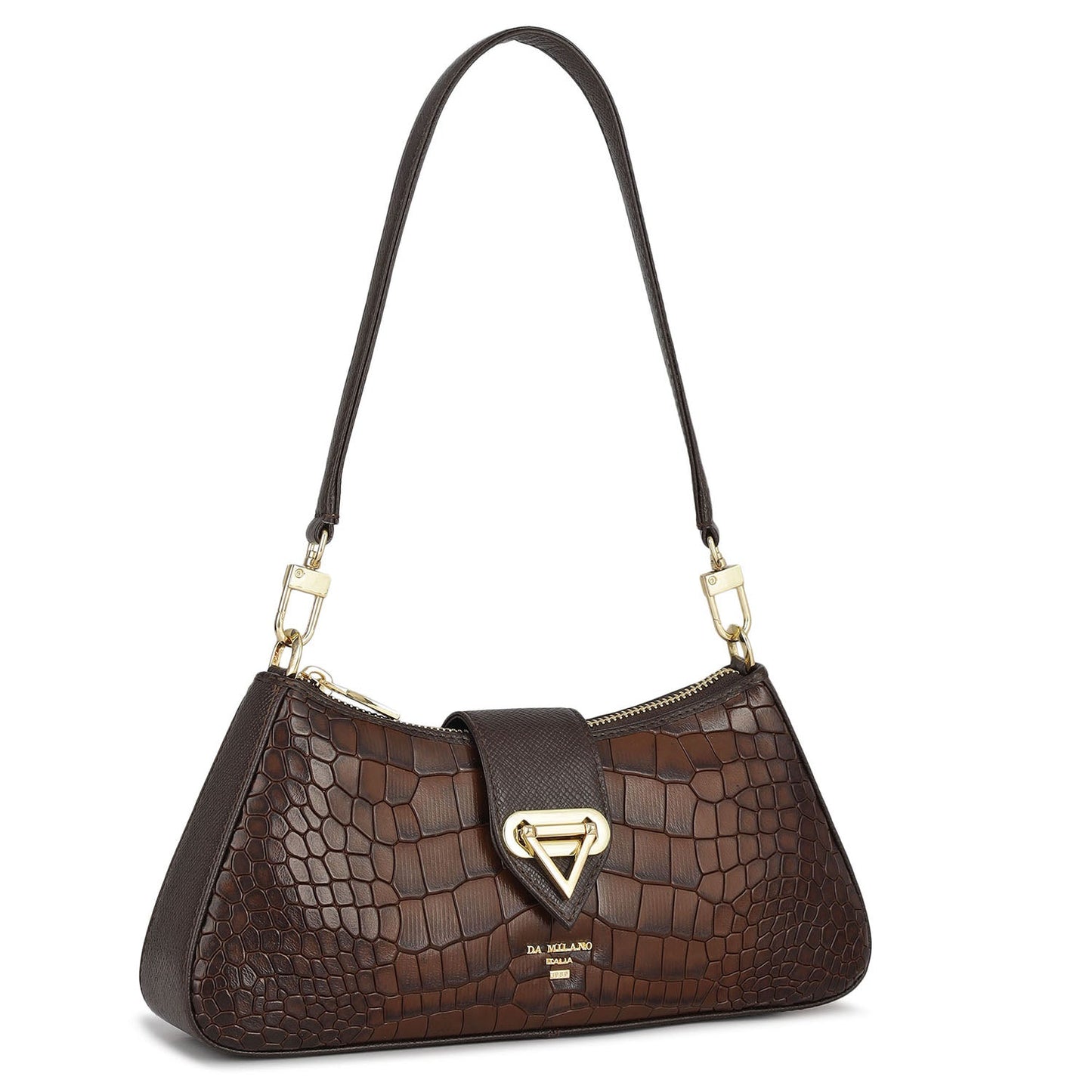 Small Croco Leather Baguette - Brown