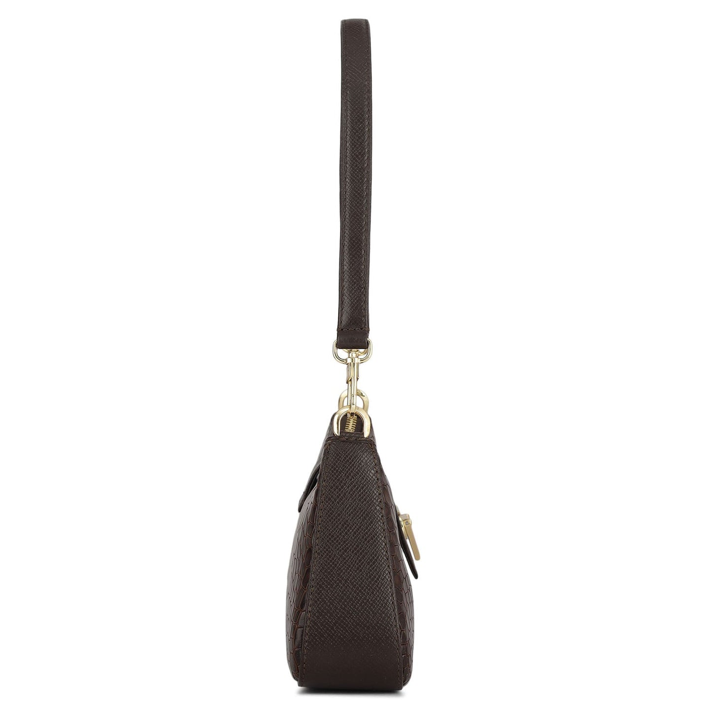 Small Croco Leather Baguette - Brown