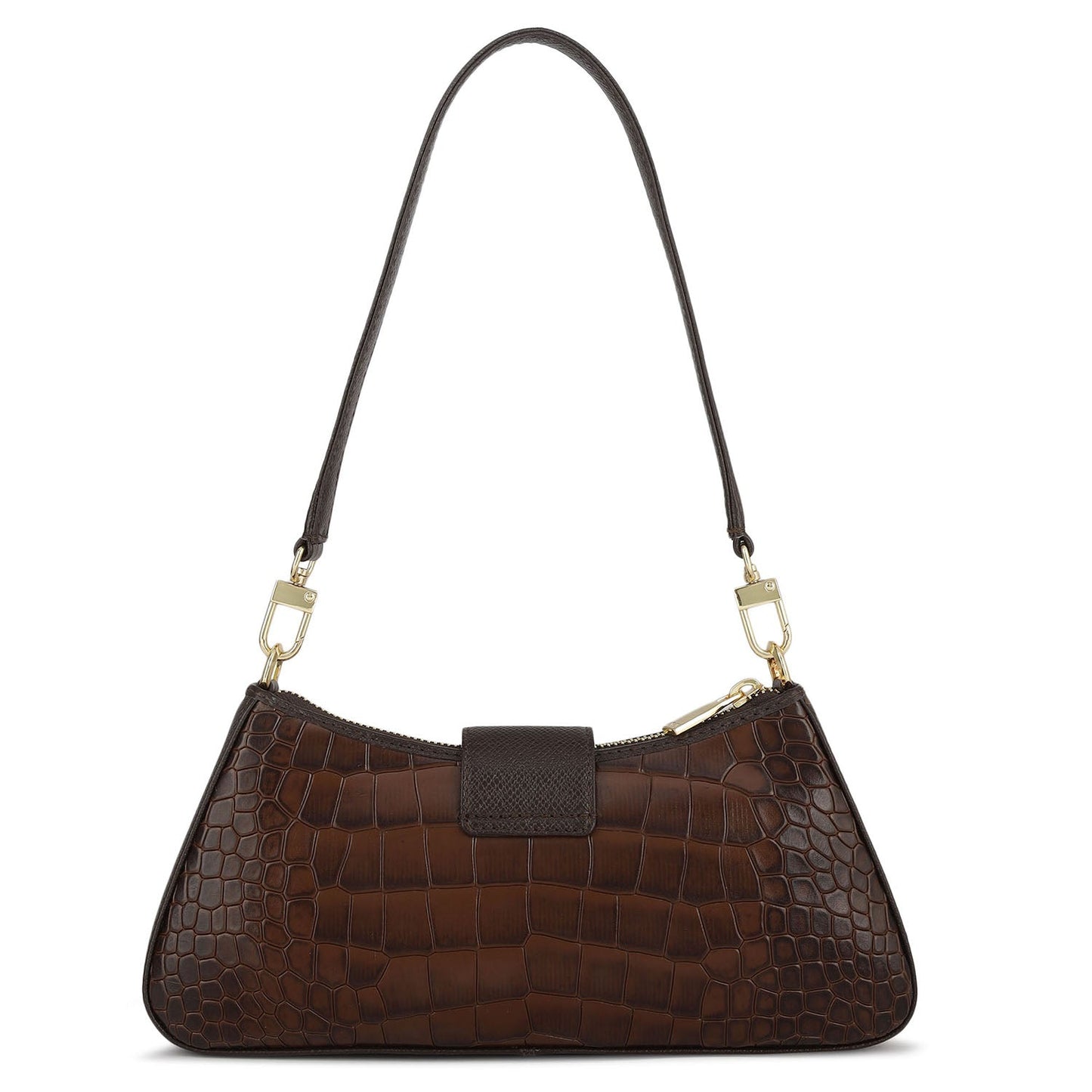 Small Croco Leather Baguette - Brown