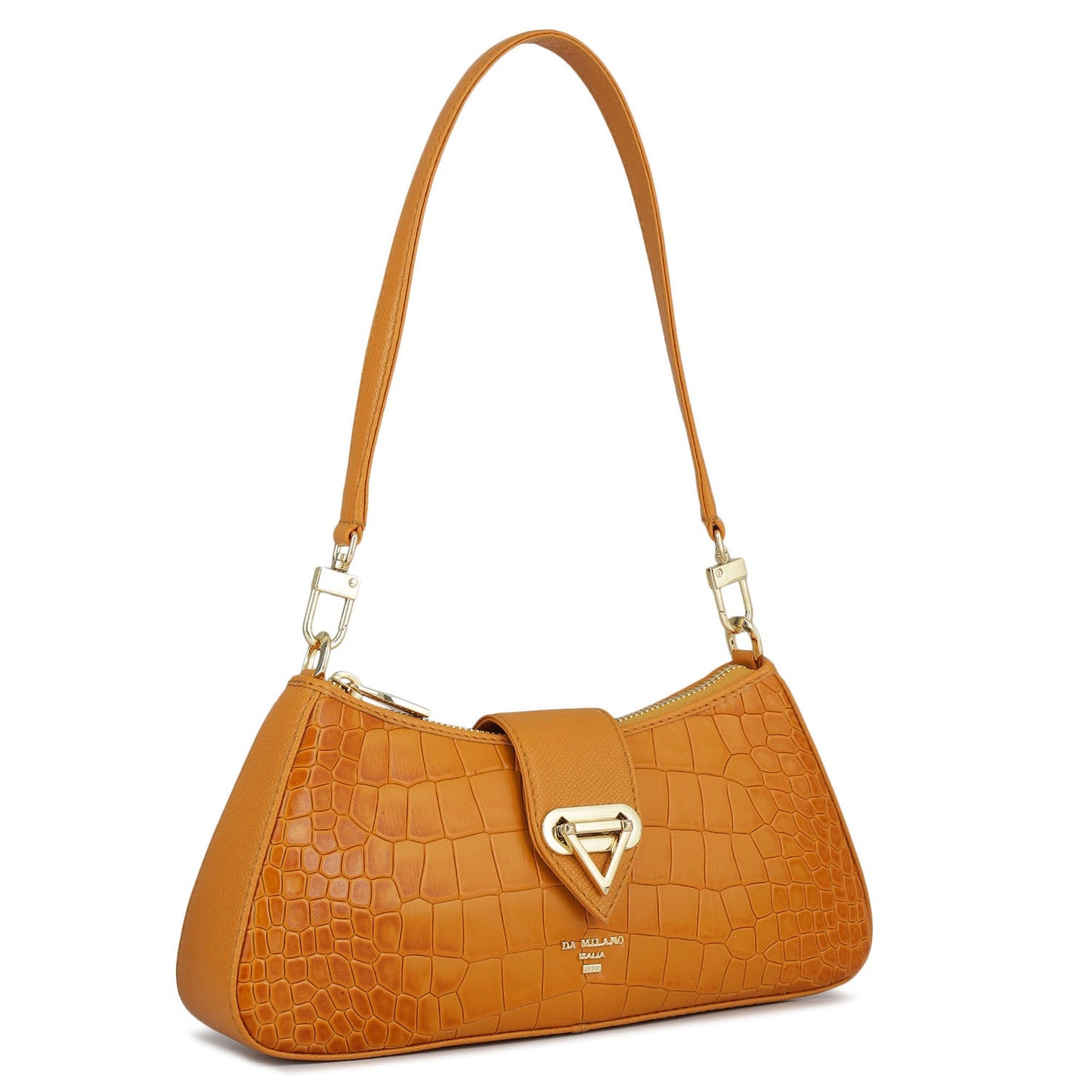Small Croco Leather Baguette - Flame