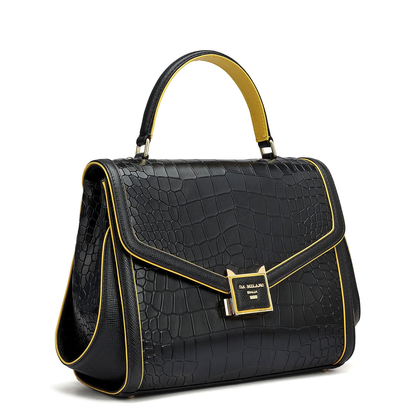 Medium Croco Leather Satchel - Black