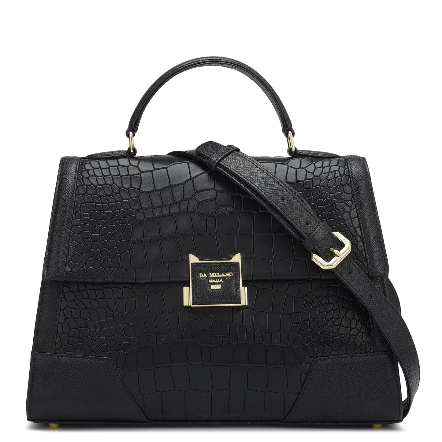 Medium Croco Franzy Leather Satchel - Black