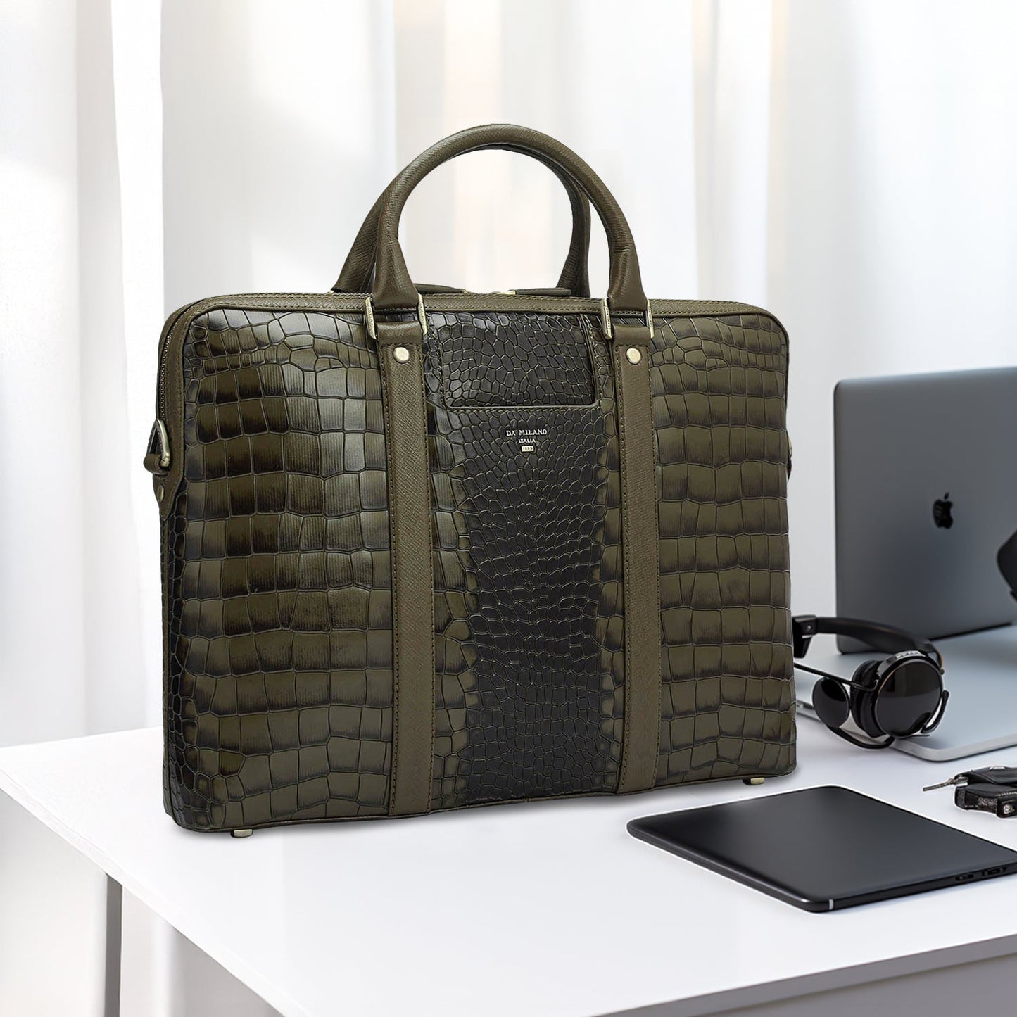 Croco Franzy Leather Laptop Bag - Military Green