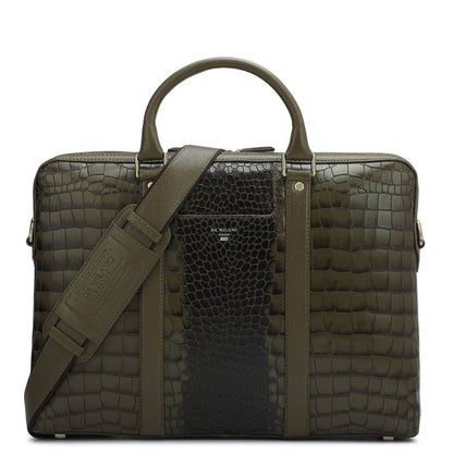 Croco Franzy Leather Laptop Bag - Military Green