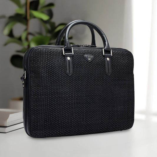 Mat Plain Leather Laptop Bag - Black