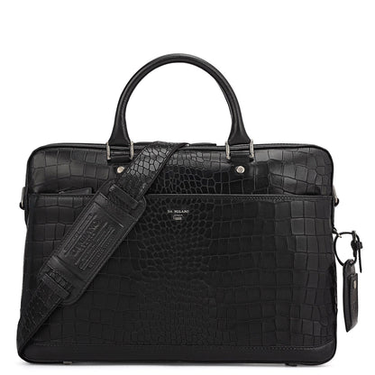 Croco Leather Laptop Bag - Black
