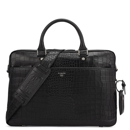 Croco Leather Laptop Bag - Black