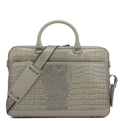 Croco Leather Laptop Bag - Stone Grey