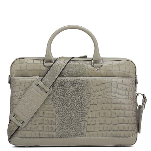 Croco Leather Laptop Bag - Stone Grey
