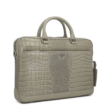 Croco Leather Laptop Bag - Stone Grey