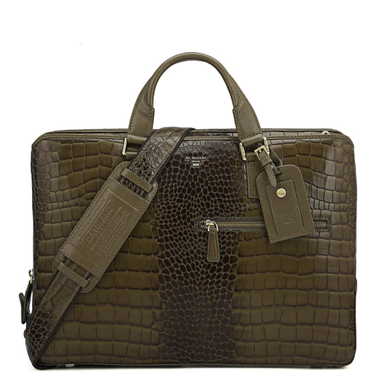 Croco Leather Laptop Bag - Military Green