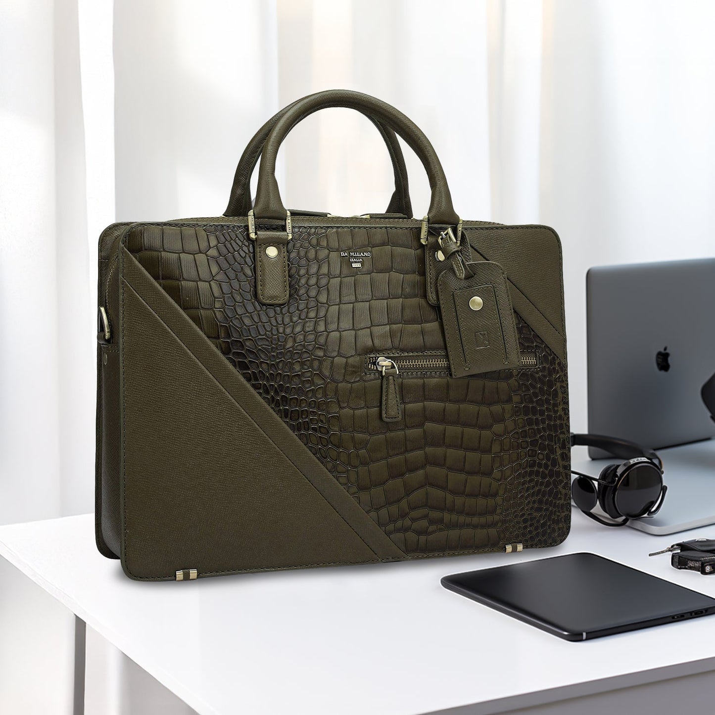Croco Franzy Leather Laptop Bag - Military Green