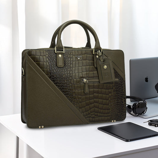 Croco Franzy Leather Laptop Bag - Military Green