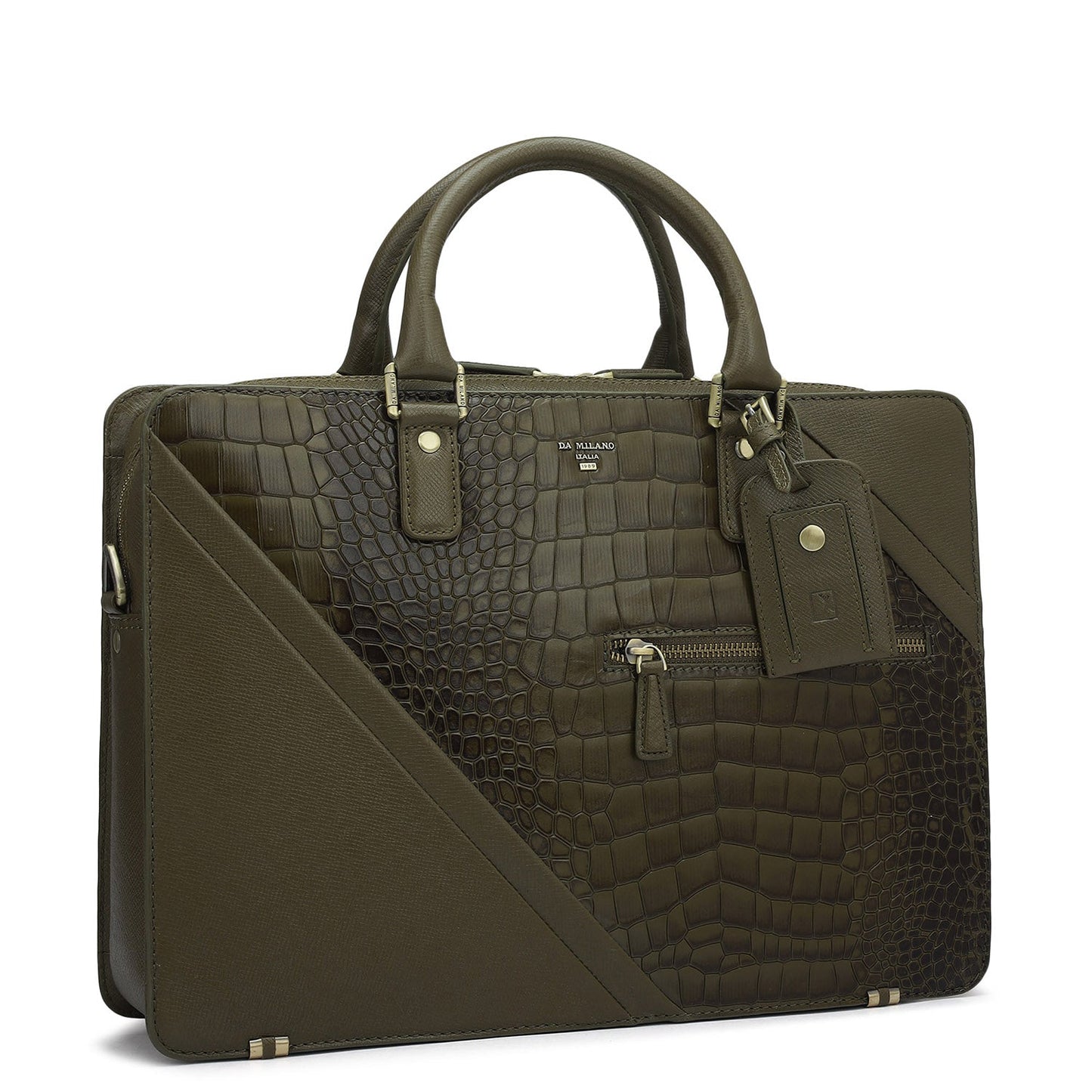 Croco Franzy Leather Laptop Bag - Military Green