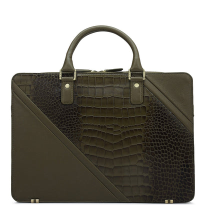 Croco Franzy Leather Laptop Bag - Military Green