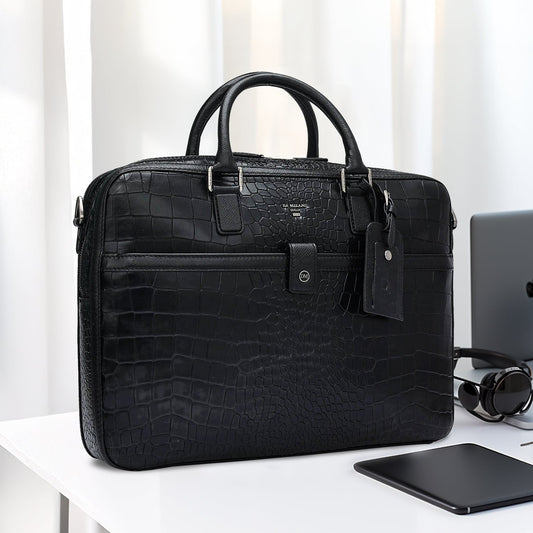 Croco Leather Laptop Bag - Black