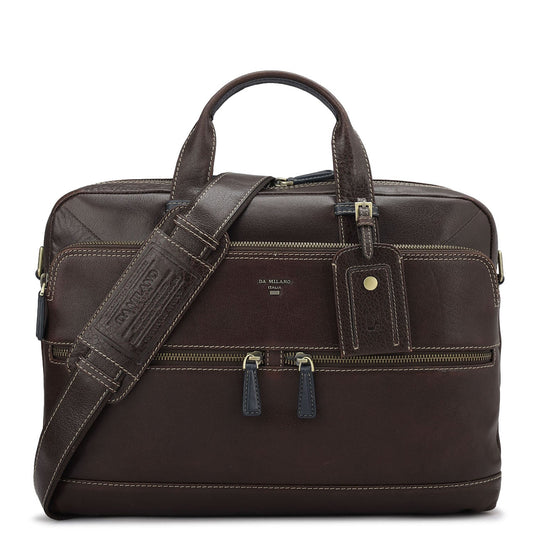 Elephant Pattern Leather Laptop Bag - Brown