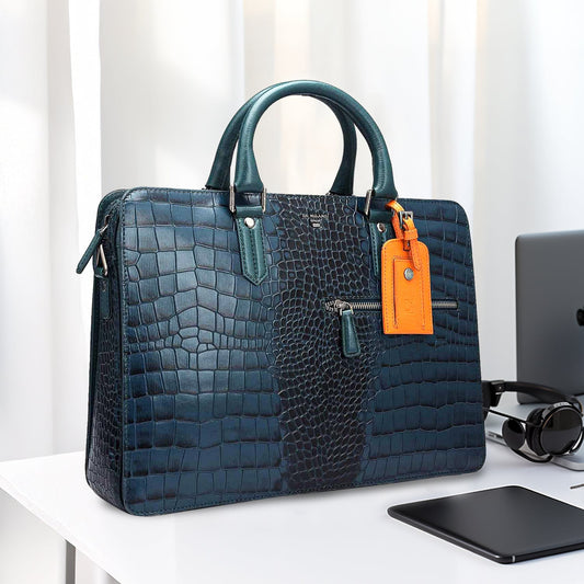 Croco Embossed Leather Laptop Bag – Ocean Blue