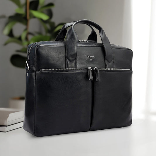 Plain Italian Leather Laptop Bag - Black