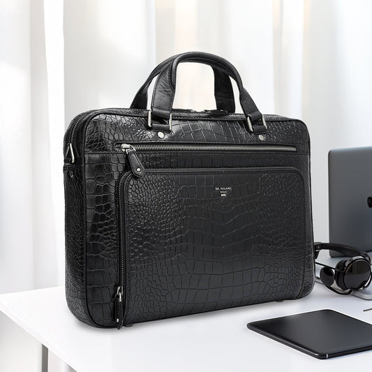 Croco Leather Laptop Bag - Black