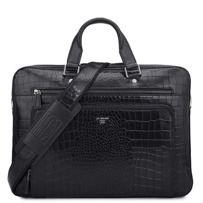 Croco Leather Laptop Bag - Black