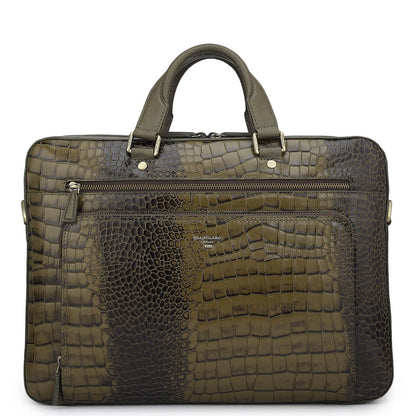 Croco Leather Laptop Bag - Military Green