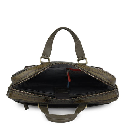 Croco Leather Laptop Bag - Military Green
