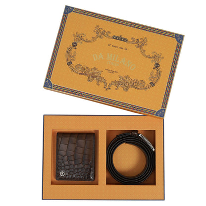 Croco Leather Mens Wallet & Belt Gift Set - Brown