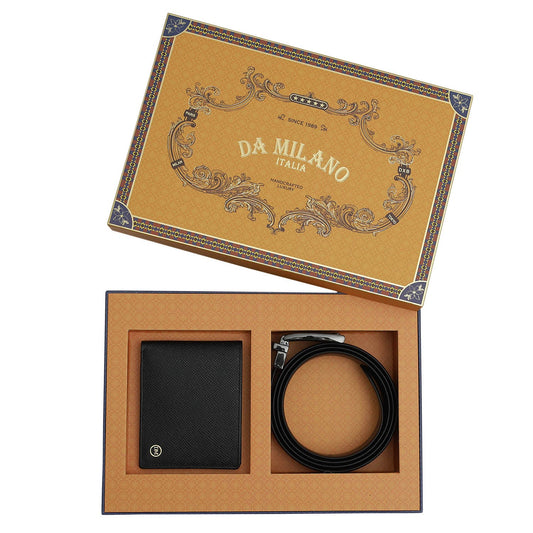 Saffiano Franzy Leather Mens Wallet & Belt Gift Set - Black
