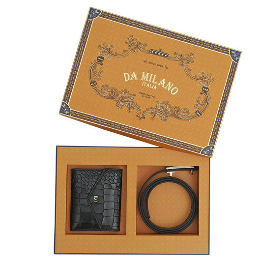 Black Plain Croco Ladies Wallet & Belt Gift Set