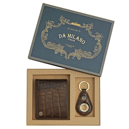 Brown Croco Leather Mens & Keychain Gift Set