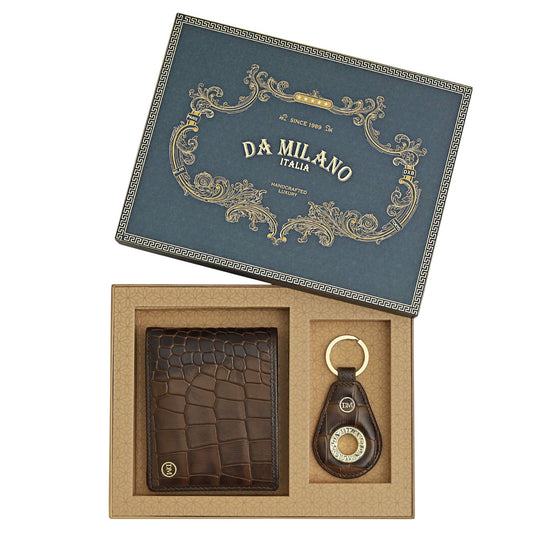 Brown Croco Leather Mens & Keychain Gift Set