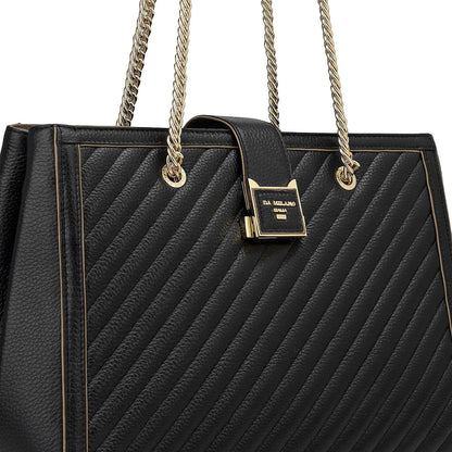 Medium Wax Stripe Leather Shoulder Bag - Black