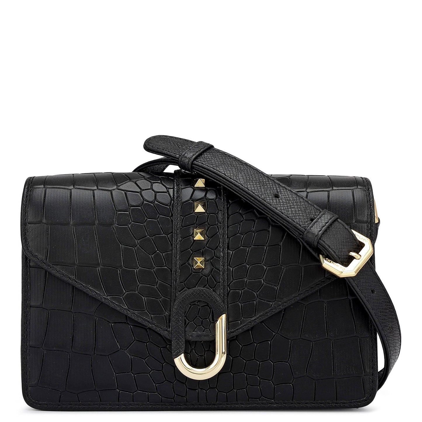 Small Croco Leather Shoulder Bag - Black