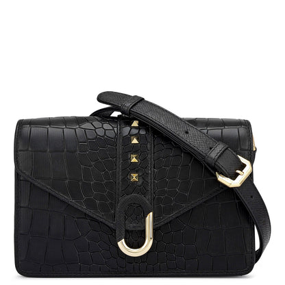 Small Croco Leather Shoulder Bag - Black