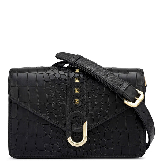 Small Croco Leather Shoulder Bag - Black