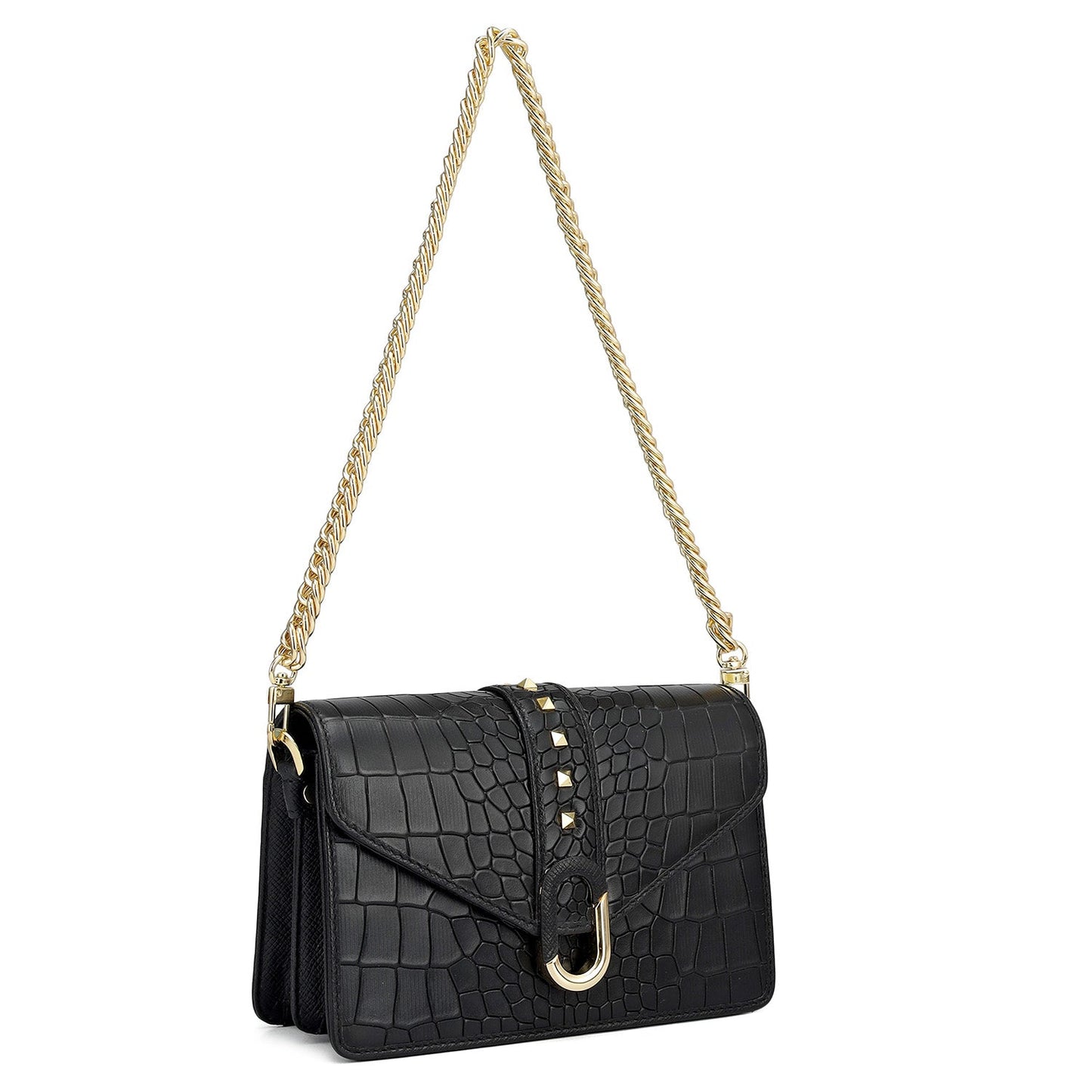 Small Croco Leather Shoulder Bag - Black