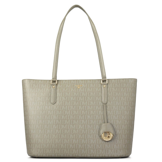 Large Monogram Leather Tote - Stone Grey