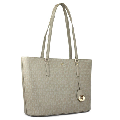 Large Monogram Leather Tote - Stone Grey