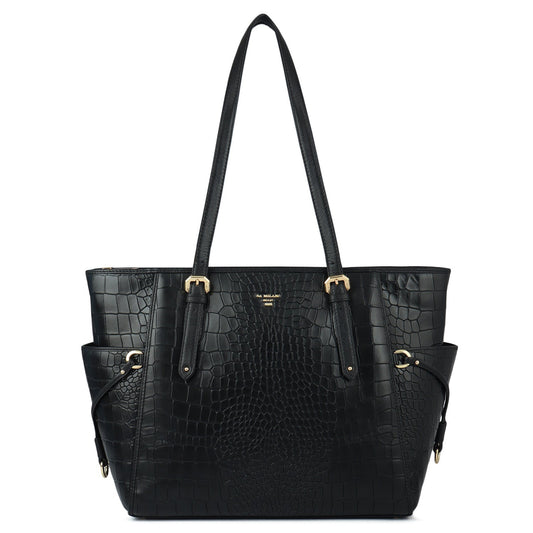 Large Croco Leather Tote - Black