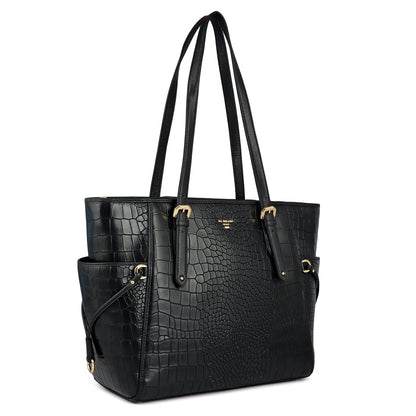 Large Croco Leather Tote - Black