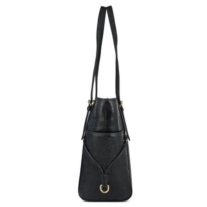 Large Croco Leather Tote - Black