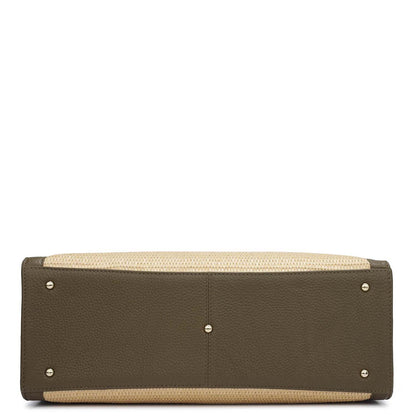 Medium Raffia Wax Leather Book Tote - Beige & Moss