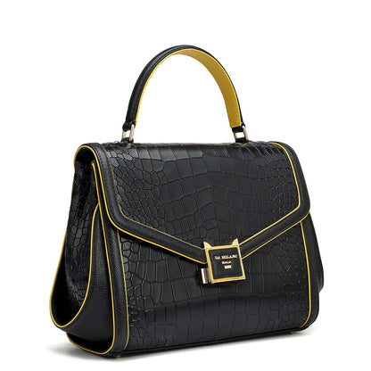 Medium Croco Leather Satchel - Black