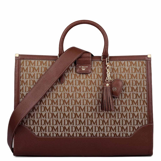 Medium Canvas Wax Leather Book Tote - Beige & Espresso